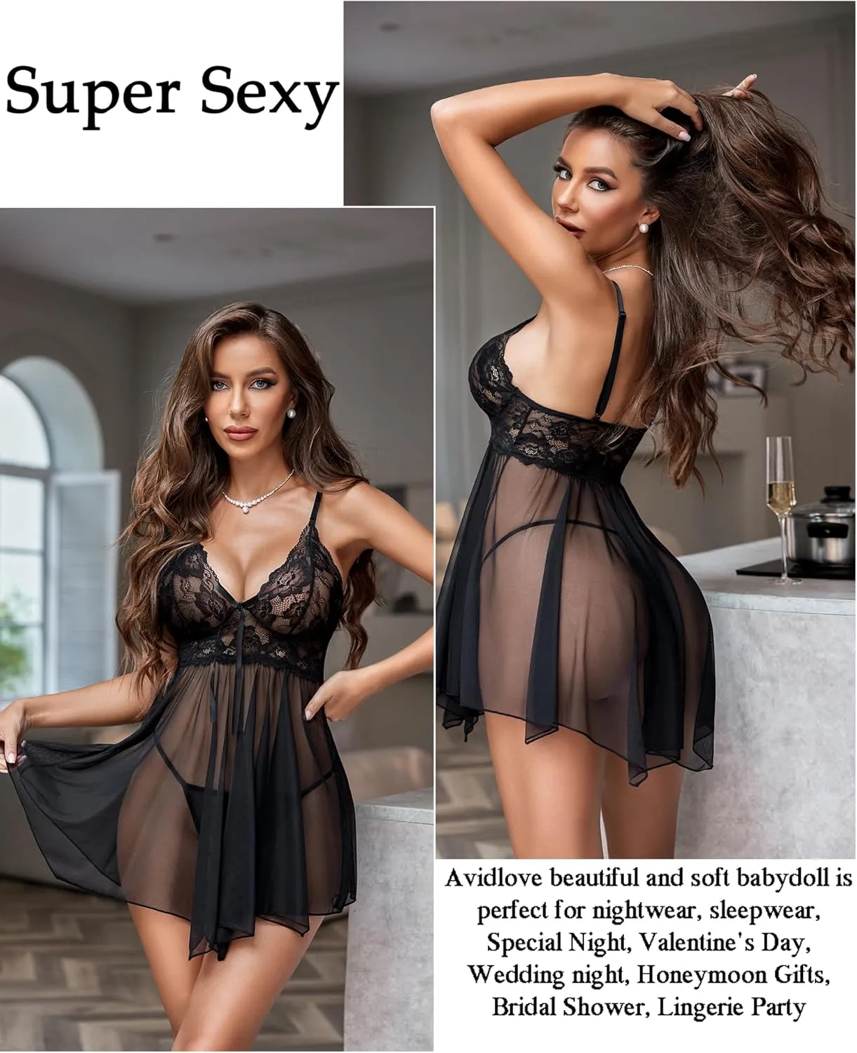 Avidlove Women Lingerie Lace Babydoll Mesh Nightgown Chemise Boudoir Nighty Sleepwear