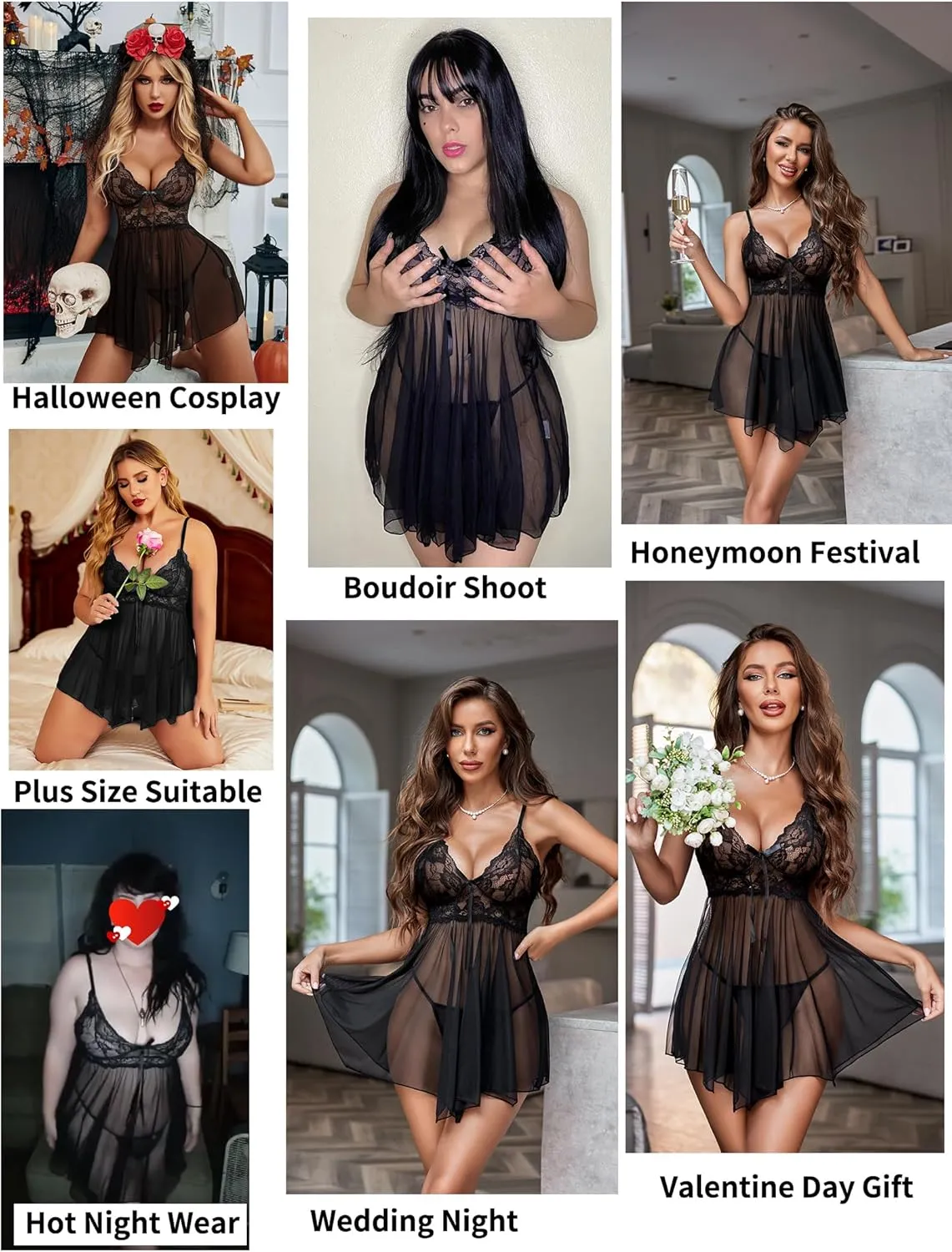 Avidlove Women Lingerie Lace Babydoll Mesh Nightgown Chemise Boudoir Nighty Sleepwear