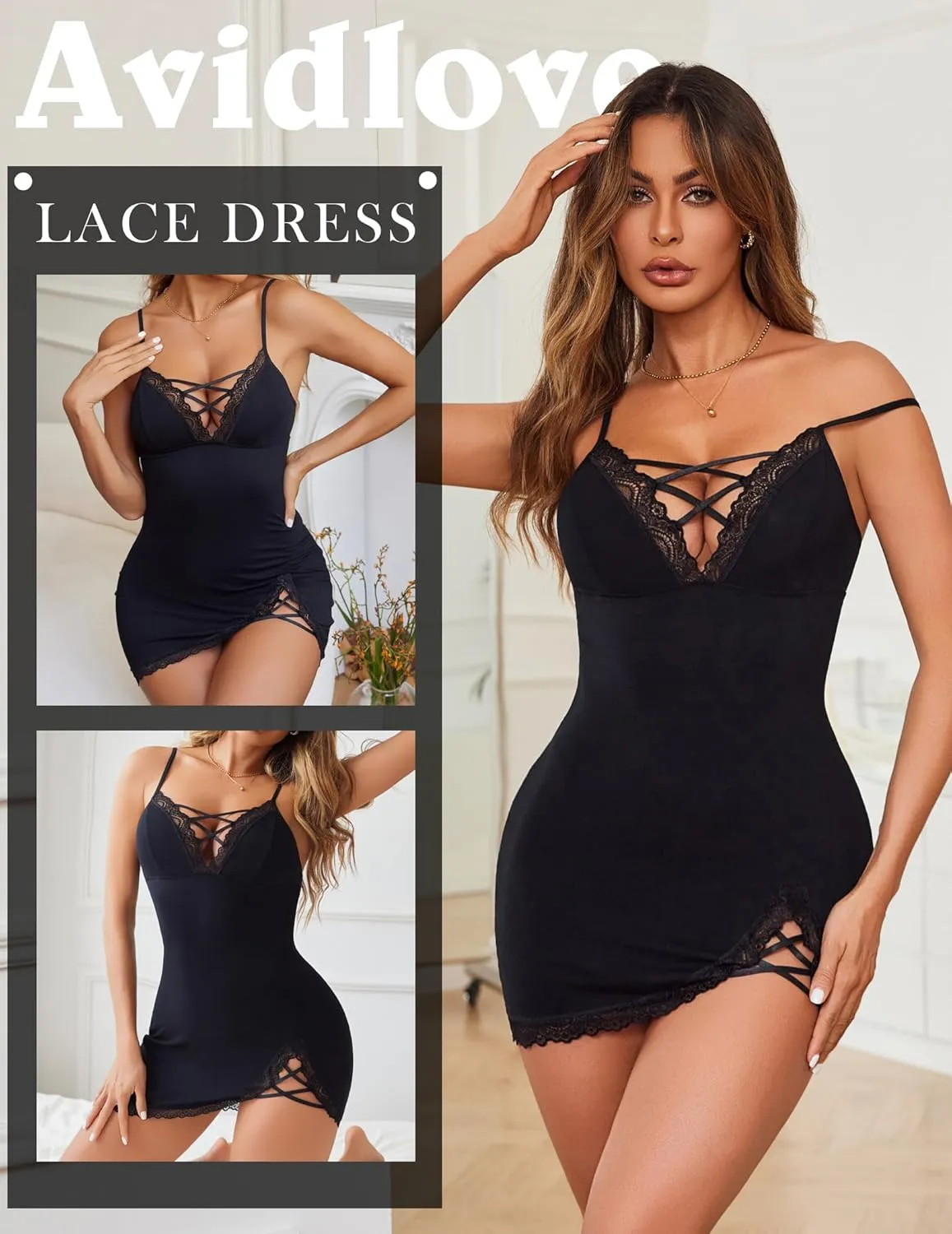 Avidlove Women Sexy Nightgown Lace Babydoll Chemises V-Neck Modal Sleepwear Full Slip Side Slit Sleep Dress XS-XXL