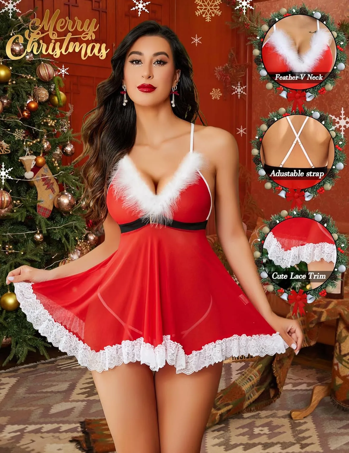 Avidlove Womens Christmas Lingerie Red Santa Babydolls Chemises Set