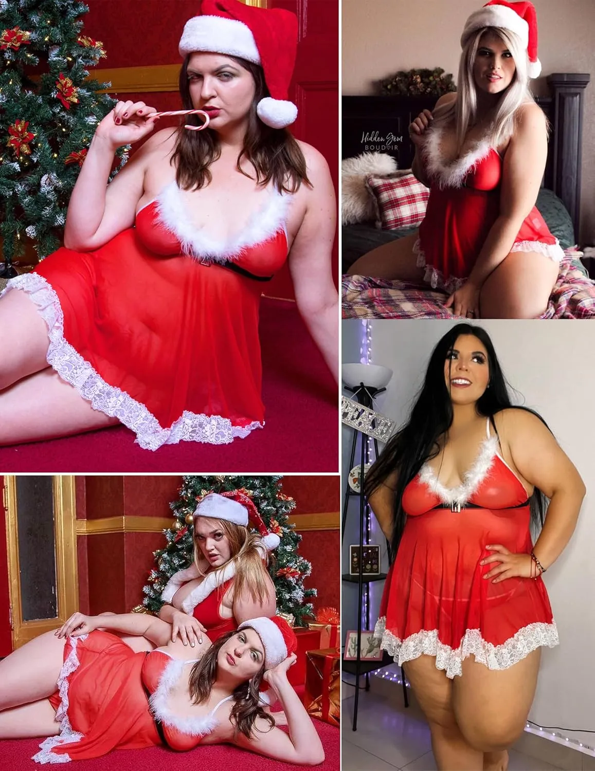 Avidlove Womens Plus Size Christmas Lingerie Set Santa Chemises Babydoll Mesh Nightwear