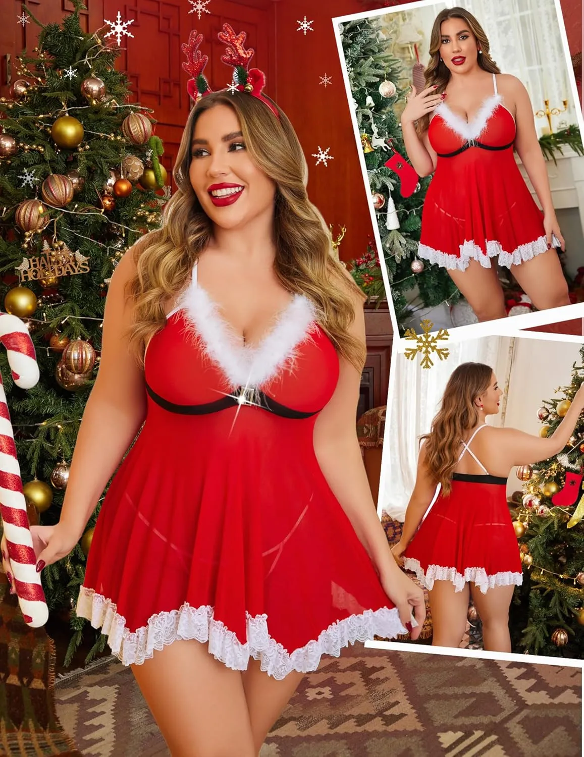 Avidlove Womens Plus Size Christmas Lingerie Set Santa Chemises Babydoll Mesh Nightwear