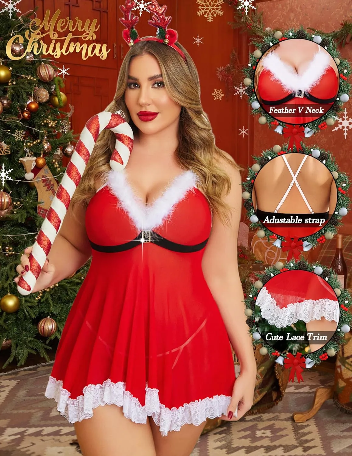 Avidlove Womens Plus Size Christmas Lingerie Set Santa Chemises Babydoll Mesh Nightwear