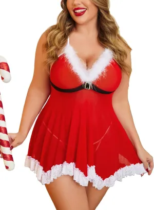 Avidlove Womens Plus Size Christmas Lingerie Set Santa Chemises Babydoll Mesh Nightwear