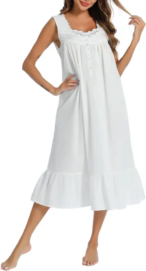 AVIIER 100% Cotton Nightgowns for Women Sleeveless Sleep Dress Ladies Gowns Sleepwear with Pockets