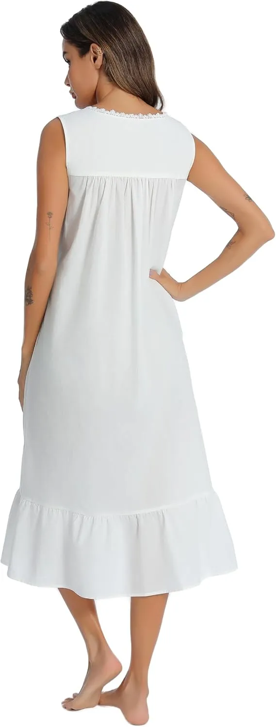 AVIIER 100% Cotton Nightgowns for Women Sleeveless Sleep Dress Ladies Gowns Sleepwear with Pockets