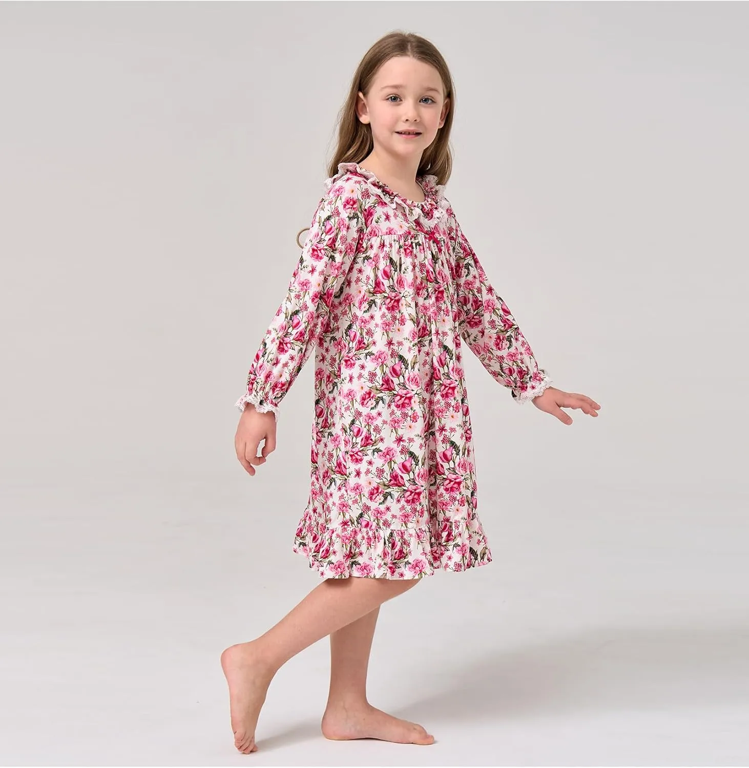 Bamboo Viscose Girls Nightgowns Toddler Long Sleeve Lace Casual Kids Pajama Dress for Girls