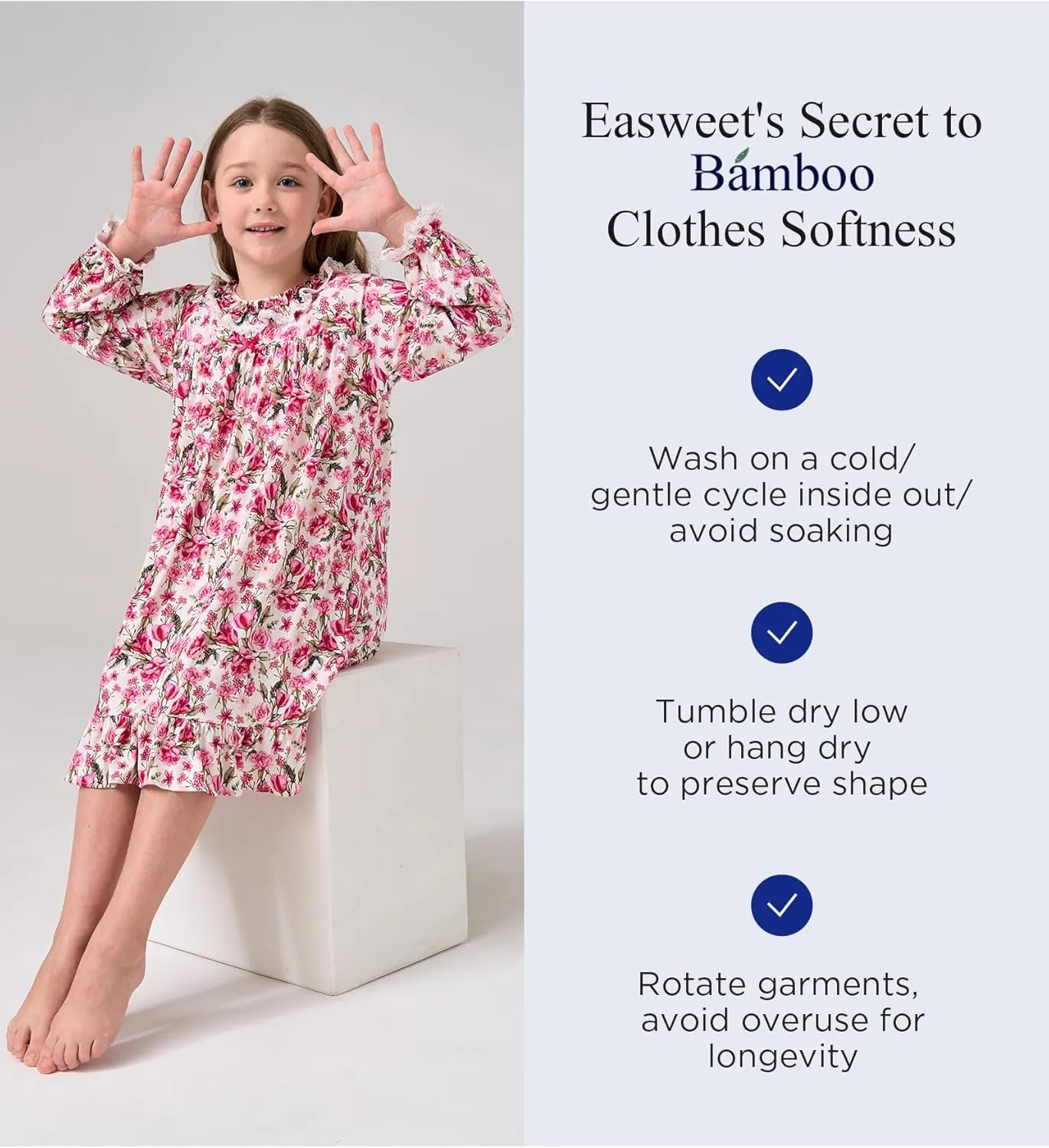 Bamboo Viscose Girls Nightgowns Toddler Long Sleeve Lace Casual Kids Pajama Dress for Girls