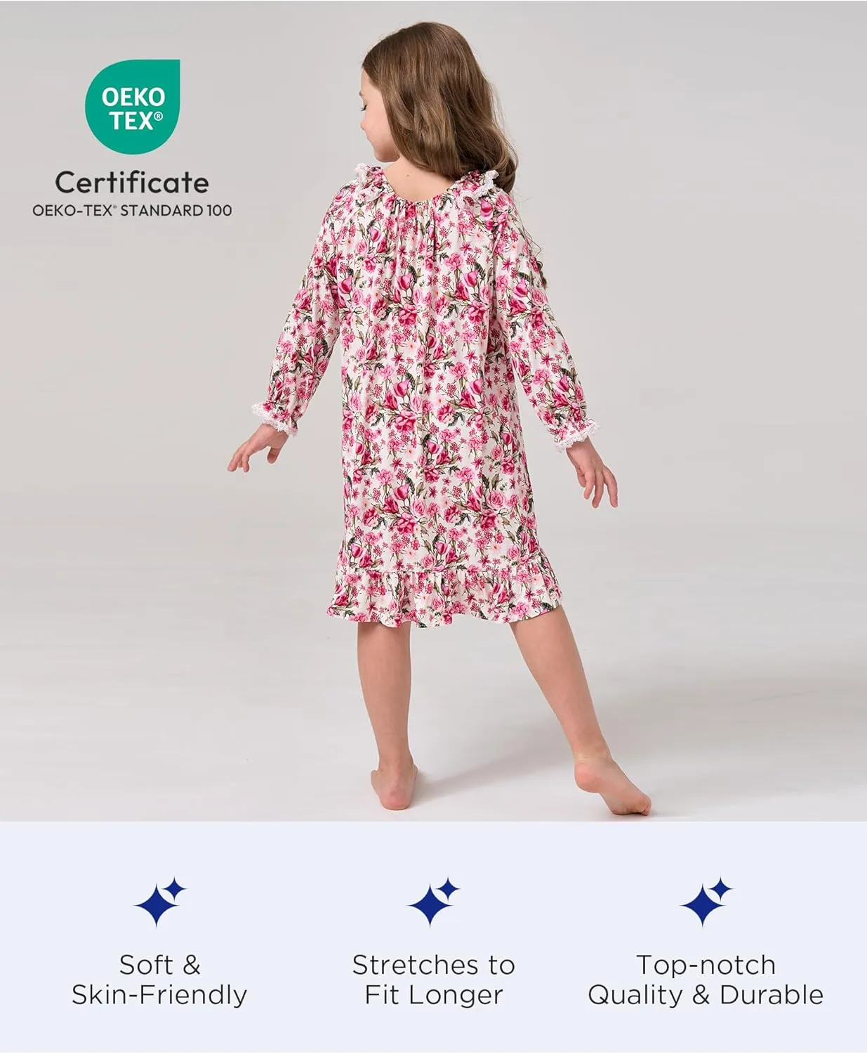 Bamboo Viscose Girls Nightgowns Toddler Long Sleeve Lace Casual Kids Pajama Dress for Girls