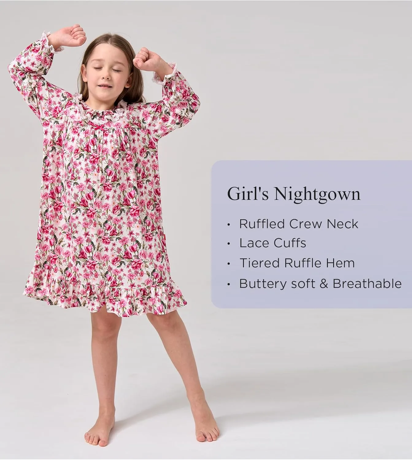 Bamboo Viscose Girls Nightgowns Toddler Long Sleeve Lace Casual Kids Pajama Dress for Girls