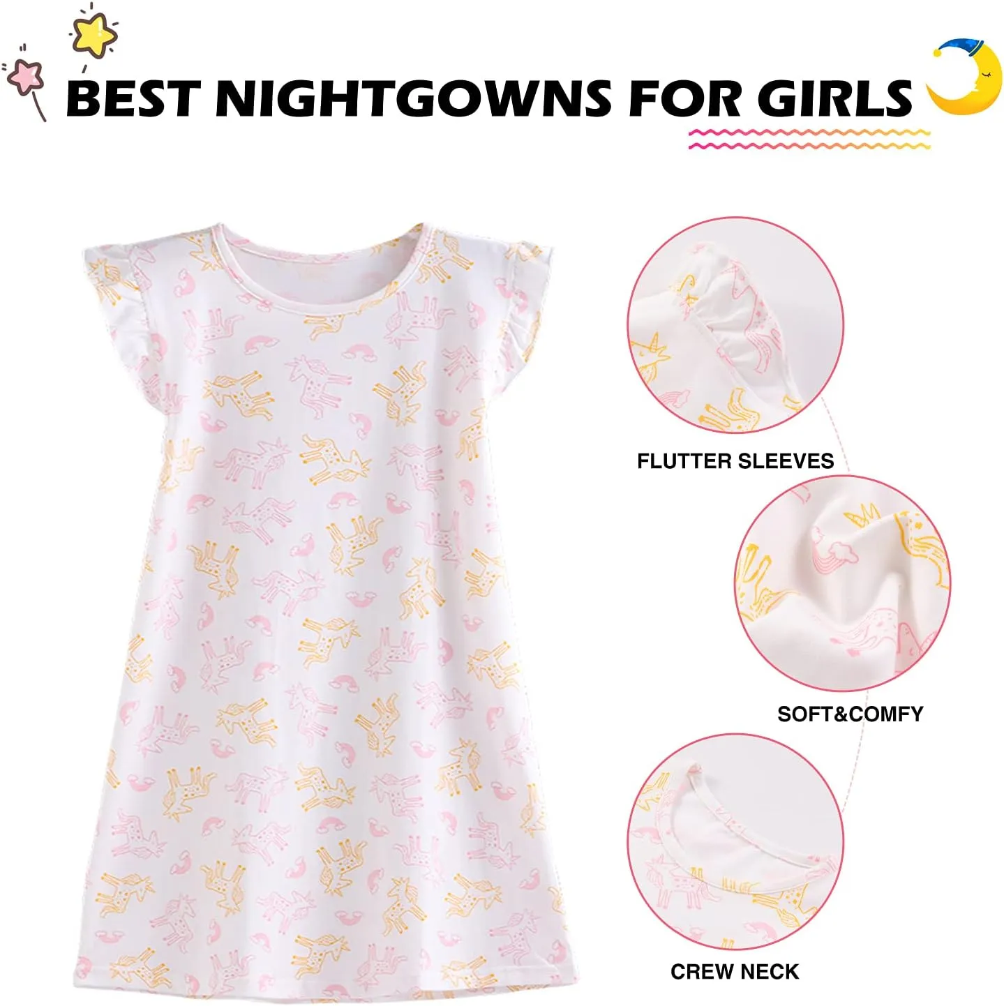 BANGSAUR Girls' Dress, Toddler Cotton Soft Short Sleeve Sleepshirts,3-10 Years