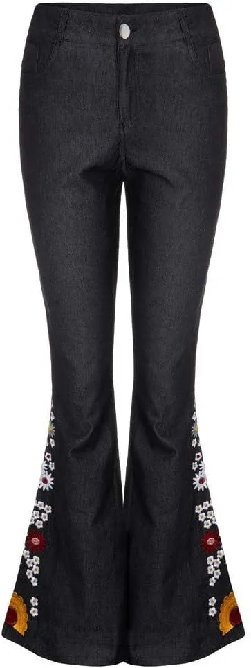 Bell Bottom Jeans Floral Embroidered Jeans Women Stretch Flare Jean Plus Size Bell-Bottoms Y2k Wide Leg Denim Pants