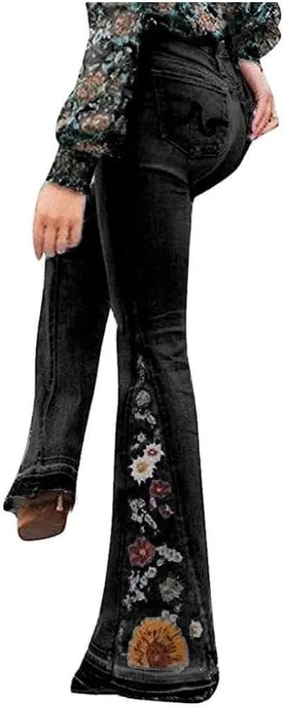 Bell Bottom Jeans Floral Embroidered Jeans Women Stretch Flare Jean Plus Size Bell-Bottoms Y2k Wide Leg Denim Pants