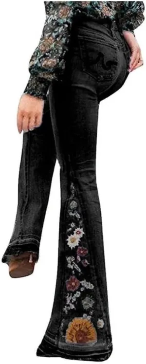 Bell Bottom Jeans Floral Embroidered Jeans Women Stretch Flare Jean Plus Size Bell-Bottoms Y2k Wide Leg Denim Pants