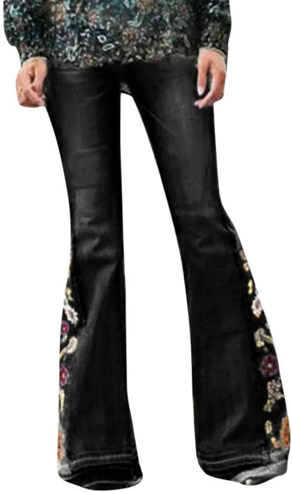 Bell Bottom Jeans Floral Embroidered Jeans Women Stretch Flare Jean Plus Size Bell-Bottoms Y2k Wide Leg Denim Pants