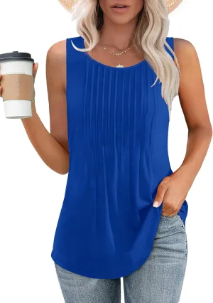 Besshopie Womens Summer Tank Tops Pleated Round Neck Sleeveless Tops for Women Casual Flowy