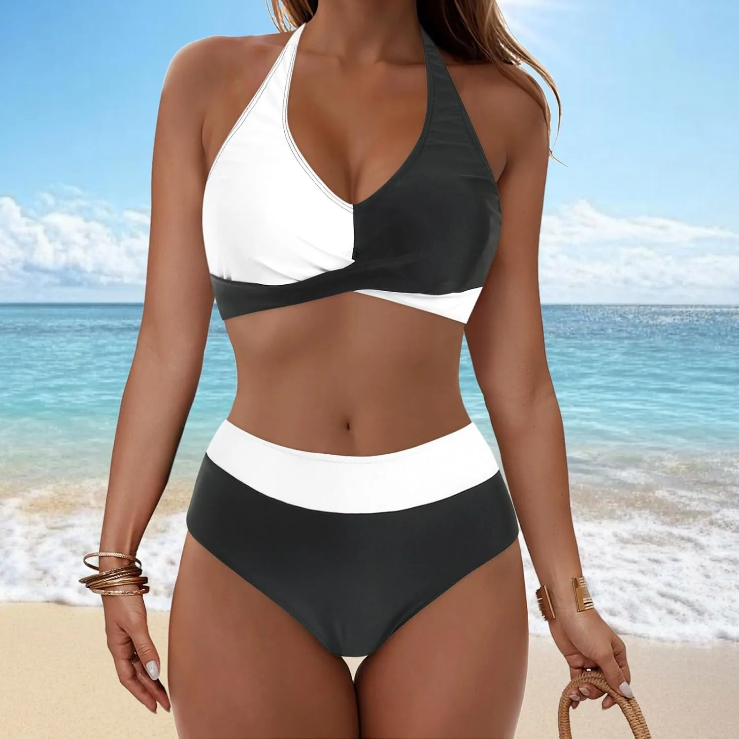 Bikini Sets for Women Two Piece Push Up Halter Bathing Suits Sexy Front Cross Vintage Mid Rise Swimsuits