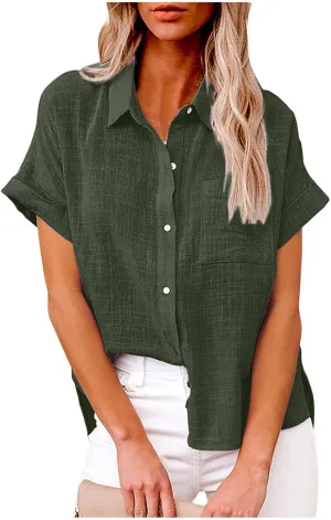 Binmer Womens Linen Button Down Shirt 2024 Fashion Plus Size Blouse Summer Casual Loose Dressy Short Sleeve Tops S-5XL