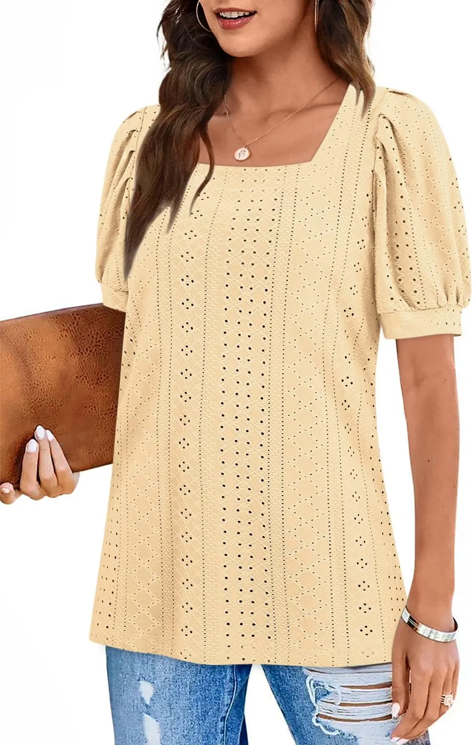 BZB Womens Summer Tops 2025 Square Neck Short Sleeve Tunic Tops Eyelet T-Shirts S-2XL