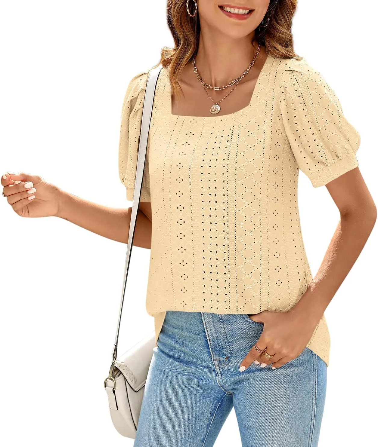 BZB Womens Summer Tops 2025 Square Neck Short Sleeve Tunic Tops Eyelet T-Shirts S-2XL