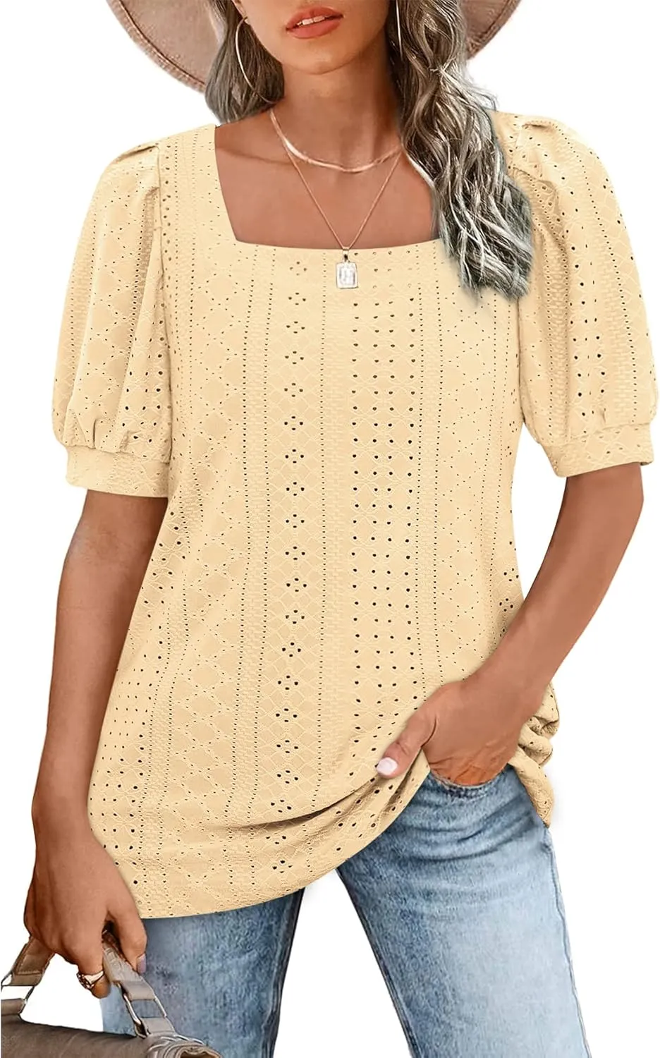 BZB Womens Summer Tops 2025 Square Neck Short Sleeve Tunic Tops Eyelet T-Shirts S-2XL
