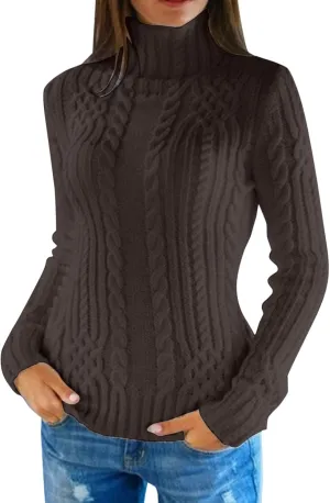 Cable Knit Sweater Women Casual Turtleneck Sweater Long Sleeve Pullover Tops Slim Fit Sweatshirts Tunic Tops