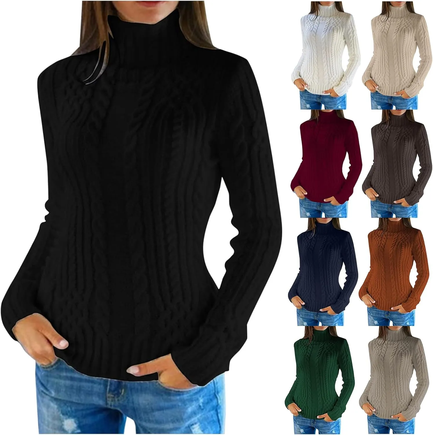Cable Knit Sweater Women Casual Turtleneck Sweater Long Sleeve Pullover Tops Slim Fit Sweatshirts Tunic Tops
