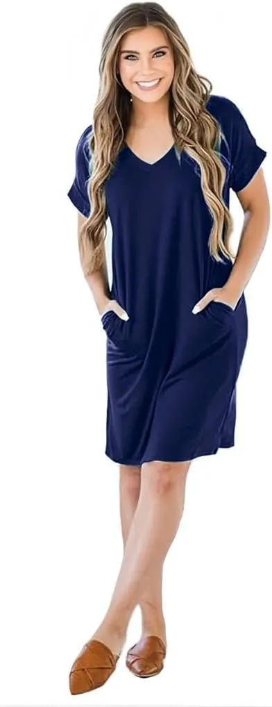 Camisunny Womens Short Sleeve Pleated Loose Swing Casual Dresses with Pockets Knee Length Summer V Neck Tunic Dress