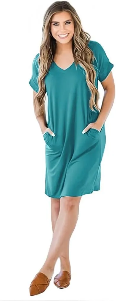 Camisunny Womens Short Sleeve Pleated Loose Swing Casual Dresses with Pockets Knee Length Summer V Neck Tunic Dress