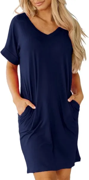 Camisunny Womens Short Sleeve Pleated Loose Swing Casual Dresses with Pockets Knee Length Summer V Neck Tunic Dress