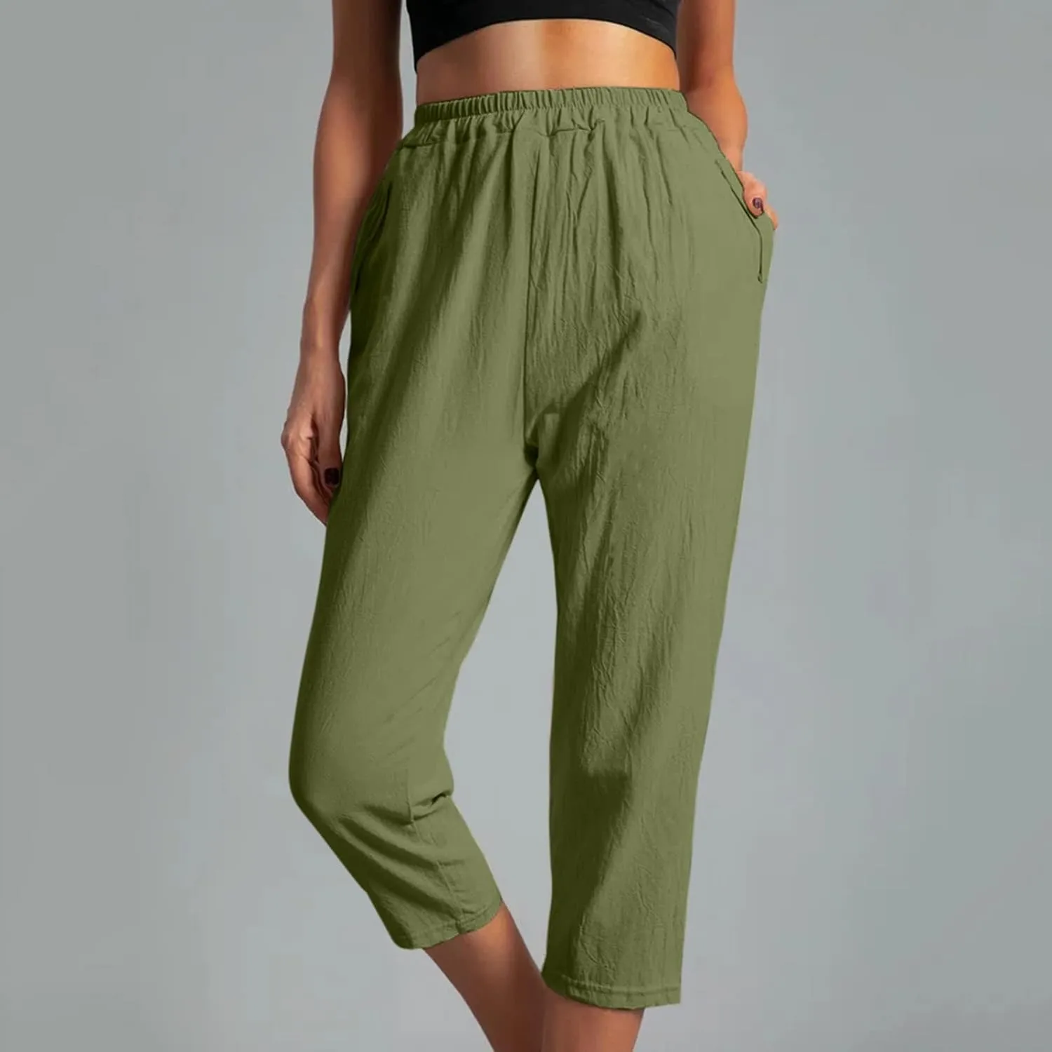 Capri Pants for Women Casual Solid Color Straight Leg Trouser with Pockets Elastic Waist Comfy Lightweight Pants