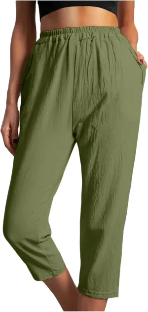 Capri Pants for Women Casual Solid Color Straight Leg Trouser with Pockets Elastic Waist Comfy Lightweight Pants