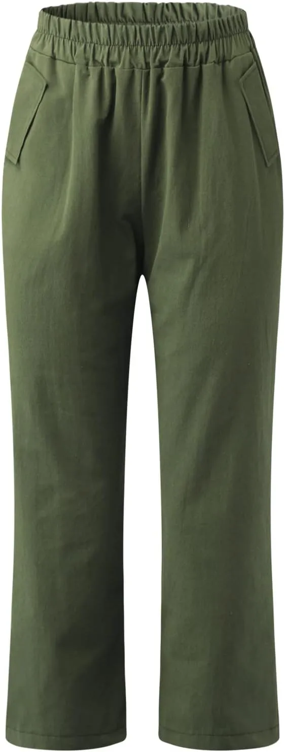 Capri Pants for Women Casual Solid Color Straight Leg Trouser with Pockets Elastic Waist Comfy Lightweight Pants
