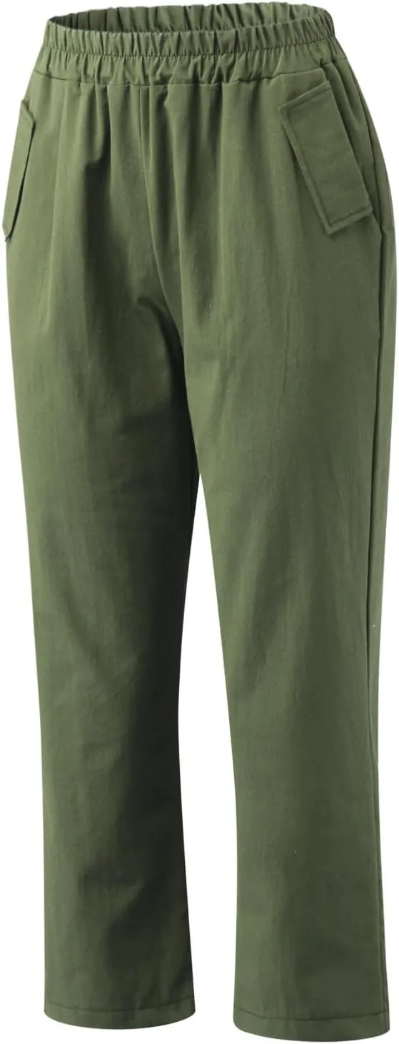 Capri Pants for Women Casual Solid Color Straight Leg Trouser with Pockets Elastic Waist Comfy Lightweight Pants