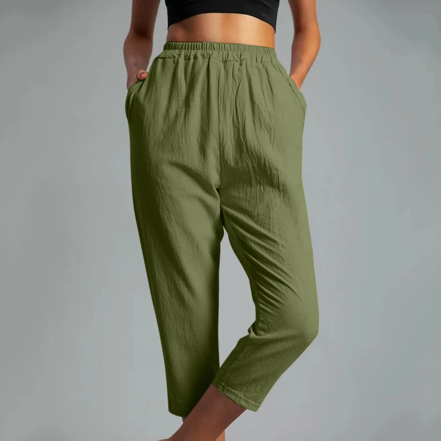 Capri Pants for Women Casual Solid Color Straight Leg Trouser with Pockets Elastic Waist Comfy Lightweight Pants