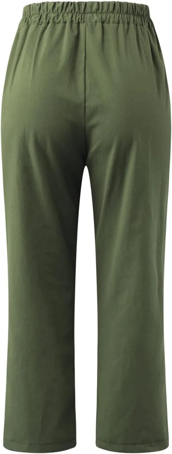 Capri Pants for Women Casual Solid Color Straight Leg Trouser with Pockets Elastic Waist Comfy Lightweight Pants