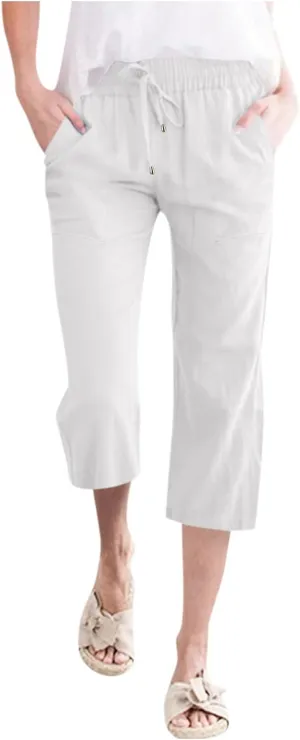 Capris Pants for Women Cotton Linen Casual Summer Straight Leg Loose Drawstring Elastic Waist Cropped Trousers
