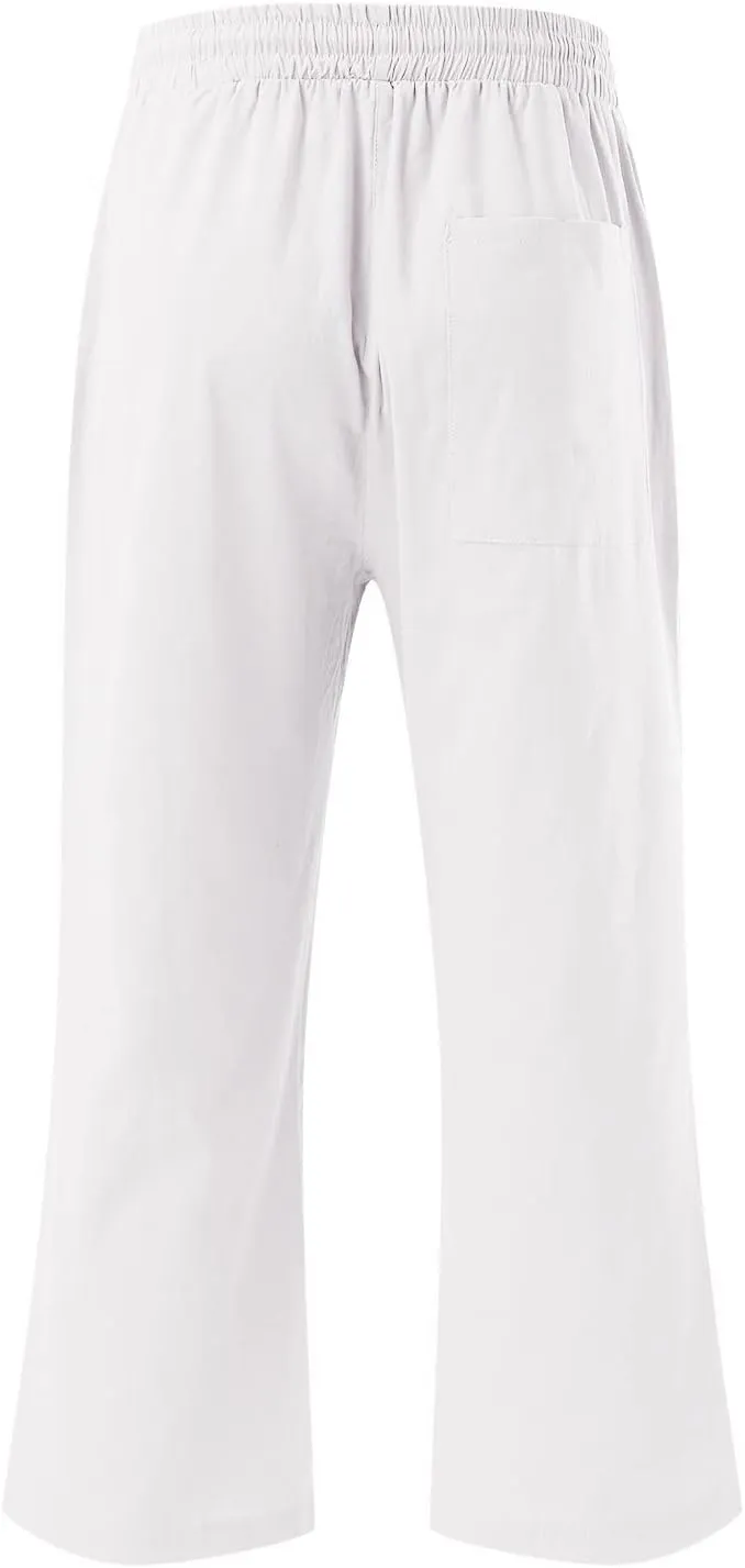 Capris Pants for Women Cotton Linen Casual Summer Straight Leg Loose Drawstring Elastic Waist Cropped Trousers