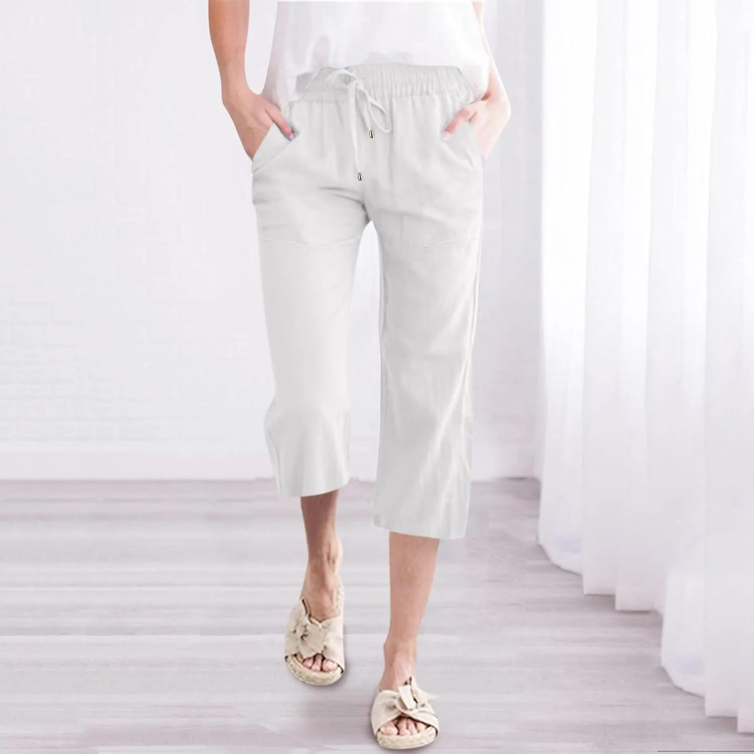 Capris Pants for Women Cotton Linen Casual Summer Straight Leg Loose Drawstring Elastic Waist Cropped Trousers