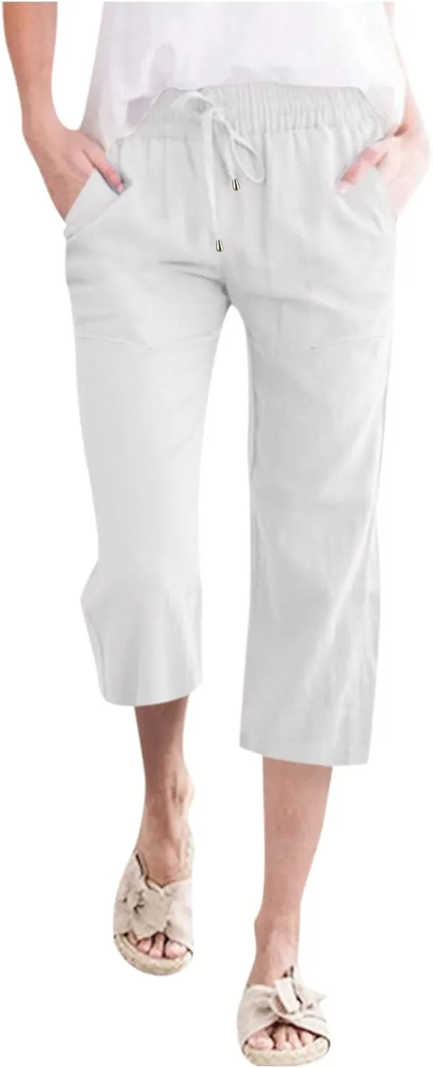 Capris Pants for Women Cotton Linen Casual Summer Straight Leg Loose Drawstring Elastic Waist Cropped Trousers