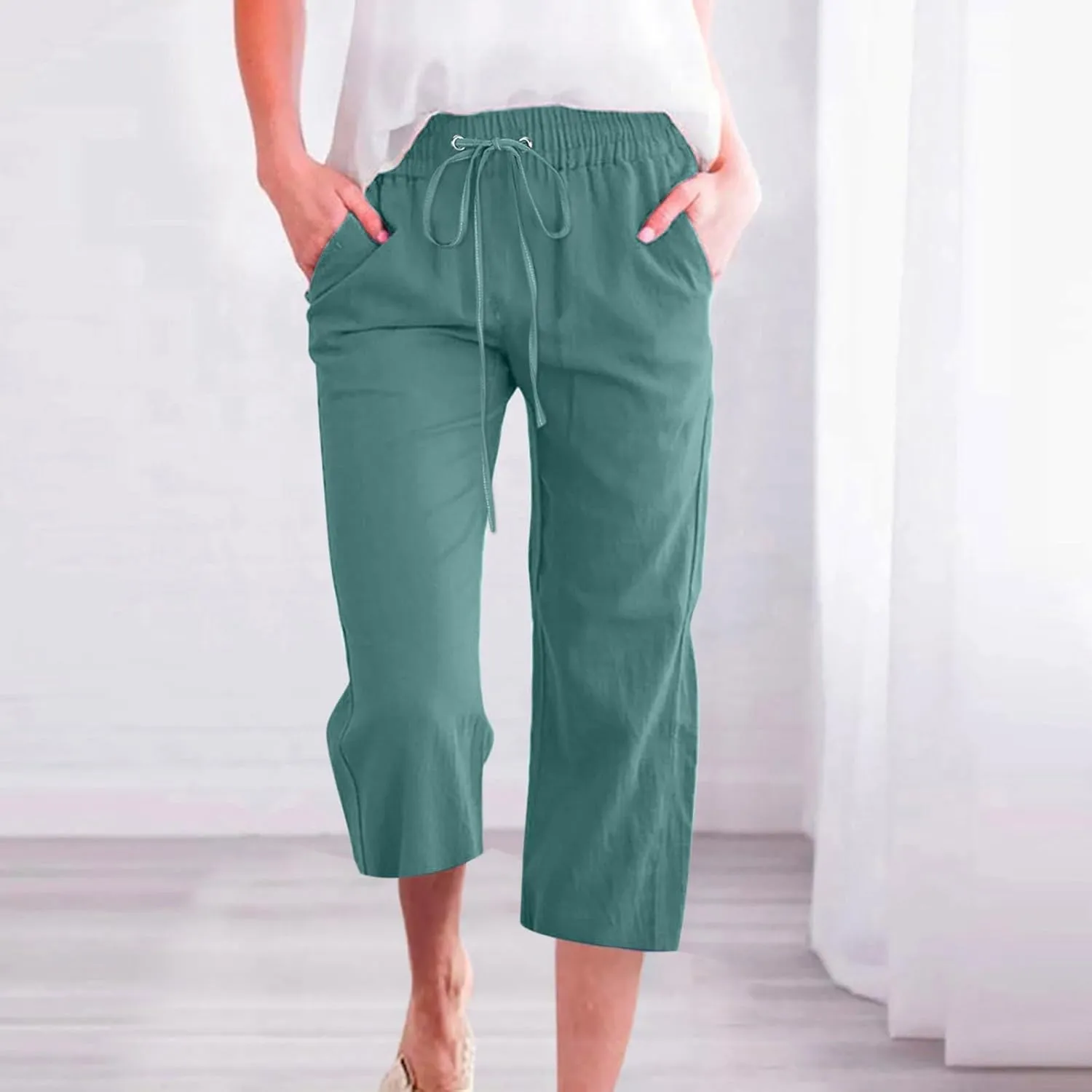 Capris Pants for Women Cotton Linen Casual Summer Straight Wide Leg Loose Drawstring Elastic Waist Cropped Trouser Boho