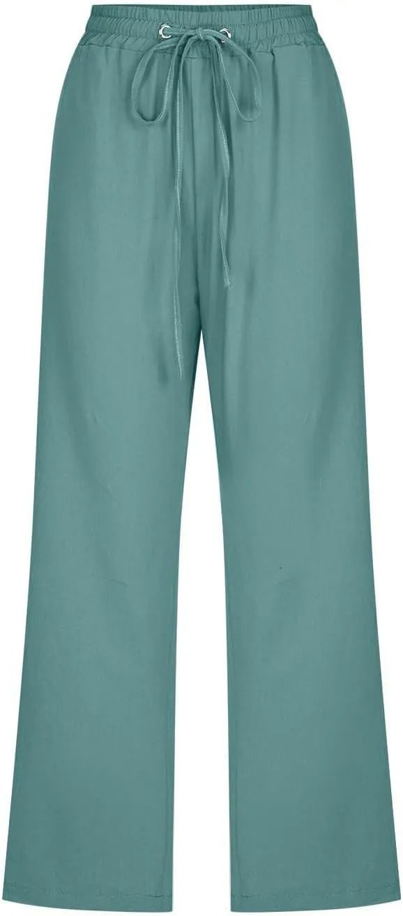 Capris Pants for Women Cotton Linen Casual Summer Straight Wide Leg Loose Drawstring Elastic Waist Cropped Trouser Boho