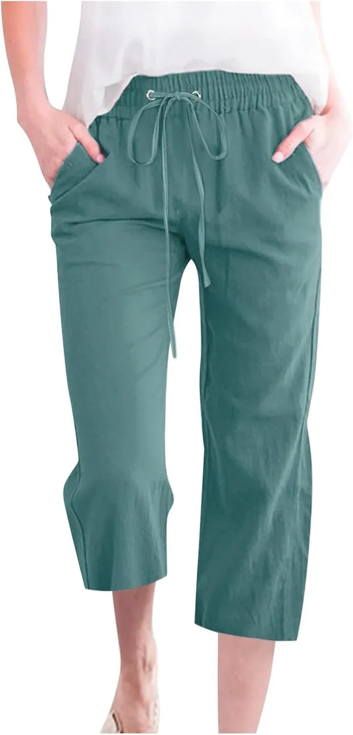Capris Pants for Women Cotton Linen Casual Summer Straight Wide Leg Loose Drawstring Elastic Waist Cropped Trouser Boho