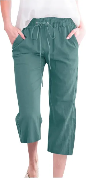 Capris Pants for Women Cotton Linen Casual Summer Straight Wide Leg Loose Drawstring Elastic Waist Cropped Trouser Boho