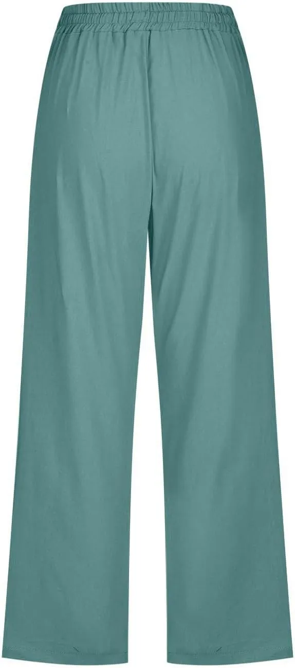 Capris Pants for Women Cotton Linen Casual Summer Straight Wide Leg Loose Drawstring Elastic Waist Cropped Trouser Boho