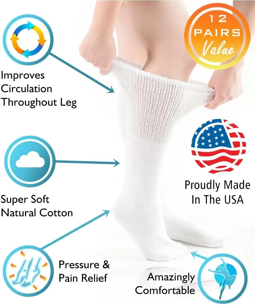 Comfort Finds Diabetic SwellSox - Breathable Cotton Socks - Loose Fitting Comfortable Sock – Non Binding Top Design – Improve Foot Circulation (White, 12 Pair)