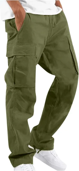 Cotton Cargo Trousers for Men,Solid Elastic Waist Straight Leg Slacks Slim Fit Bottoms Drawstring Pants for Men