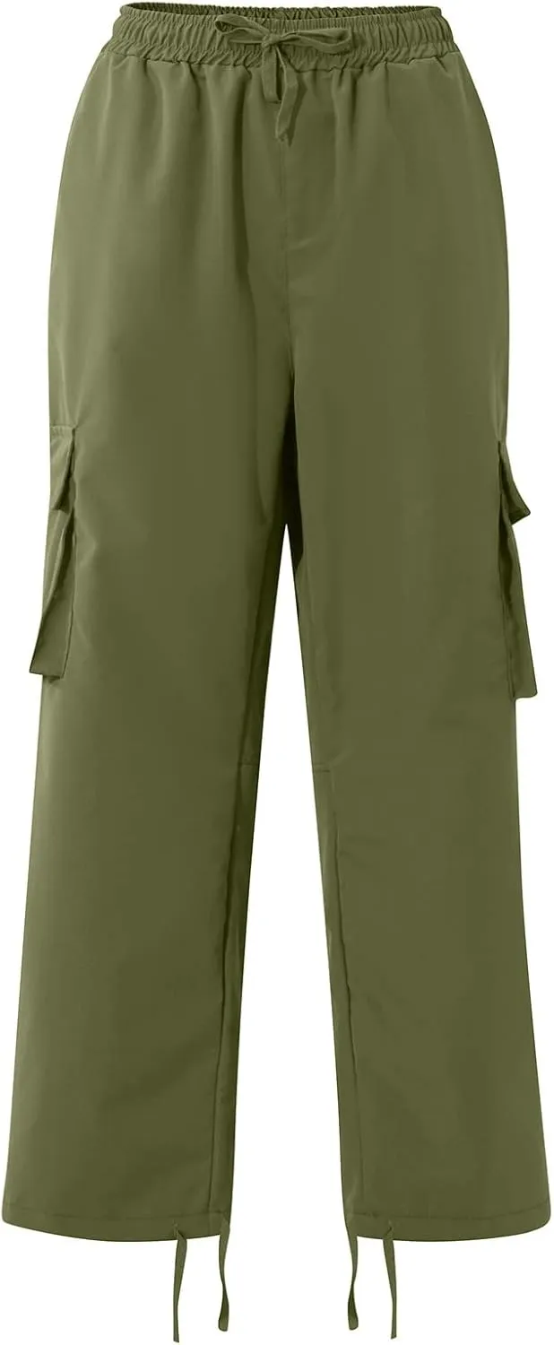 Cotton Cargo Trousers for Men,Solid Elastic Waist Straight Leg Slacks Slim Fit Bottoms Drawstring Pants for Men