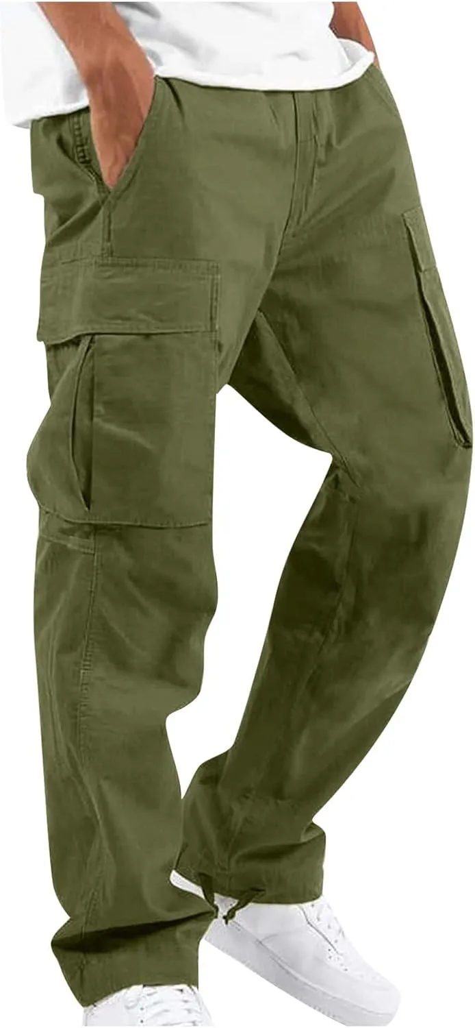 Cotton Cargo Trousers for Men,Solid Elastic Waist Straight Leg Slacks Slim Fit Bottoms Drawstring Pants for Men