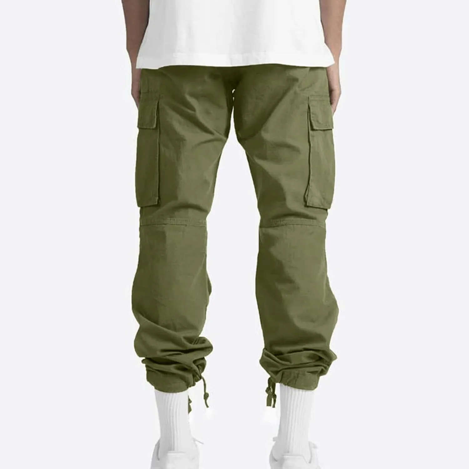 Cotton Cargo Trousers for Men,Solid Elastic Waist Straight Leg Slacks Slim Fit Bottoms Drawstring Pants for Men